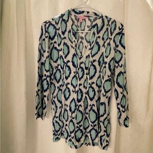 Lilly Pulitzer Aqua and Navy Print Blouse